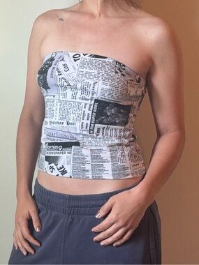 Polly & Esther Black and White Newspaper Print Strapless Tube Top